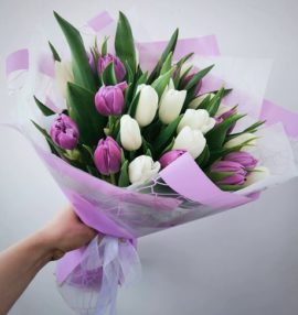 Букет «25 белых и фиолетовых тюльпанов»