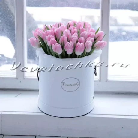 Шляпная коробка Grand "Розовые тюльпаны", Доставка цветов Тольятти, цветы Тольятти, Vcvetochke